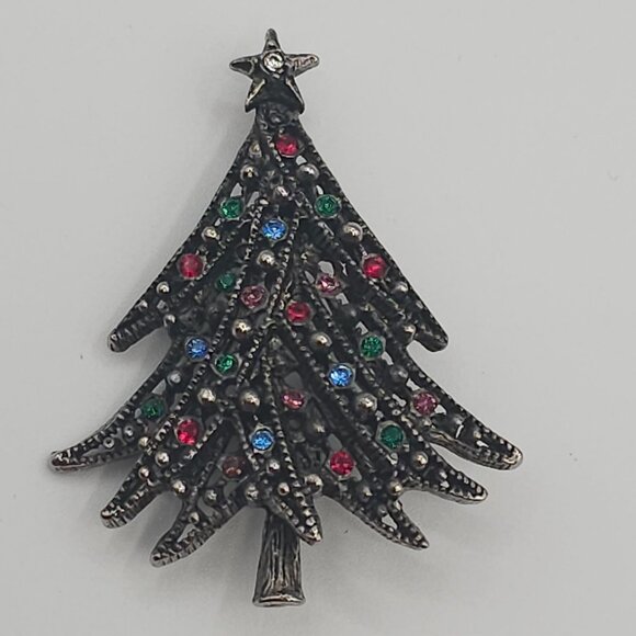 VTG Christmas Brooch 2PC Set Dark Silver Tone Red Green Tree Wreath Holiday Joy - Picture 10 of 16